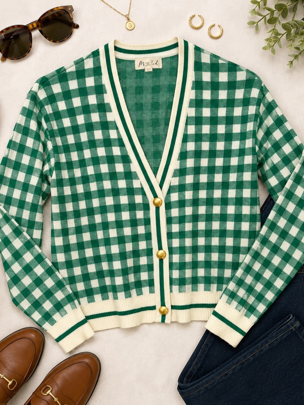 Marled Green and Cream Gingham Button-Front Cardigan